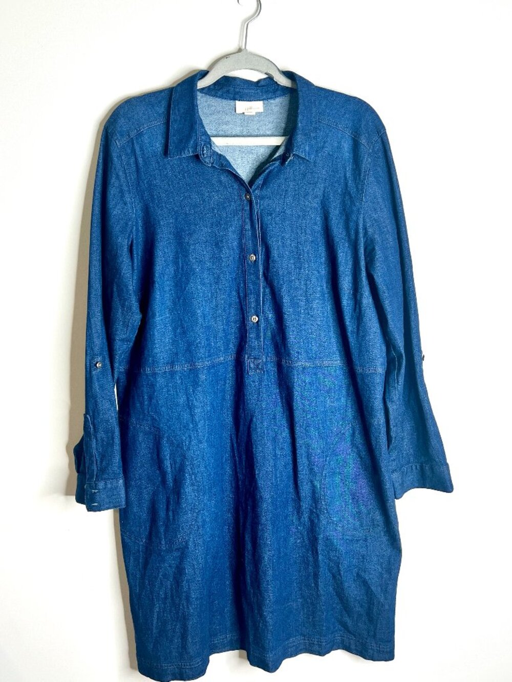 J. Jill Denim Dark Wash Shift Dress Popover Cotton Pockets Capsule Wardrobe L